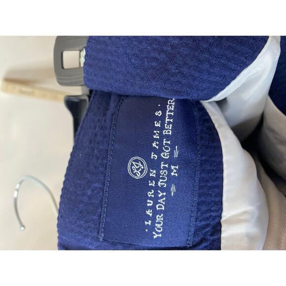 NWT Lauren James Navy Blue Seersucker Pleated Skirt Pockets Preppy Medium - Picture 8 of 11